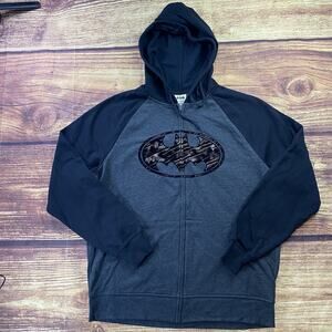 Official BATMAN Raglan Colorblock Full Zip Hoodie L Velvet Logo Grey DC Comics